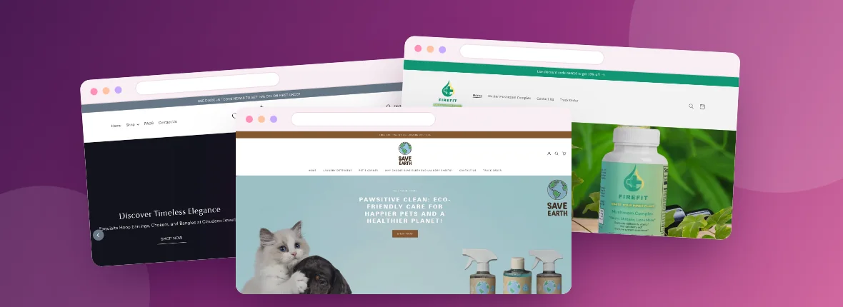 Examples of Shopify stores built by Afifa: a jewellery store, a wellness supplement store and an eco pet-care store