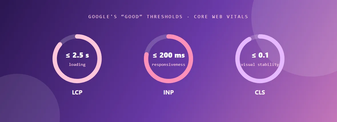 The good Core Web Vitals thresholds: LCP 2.5 seconds or less, INP 200 milliseconds or less, CLS 0.1 or less