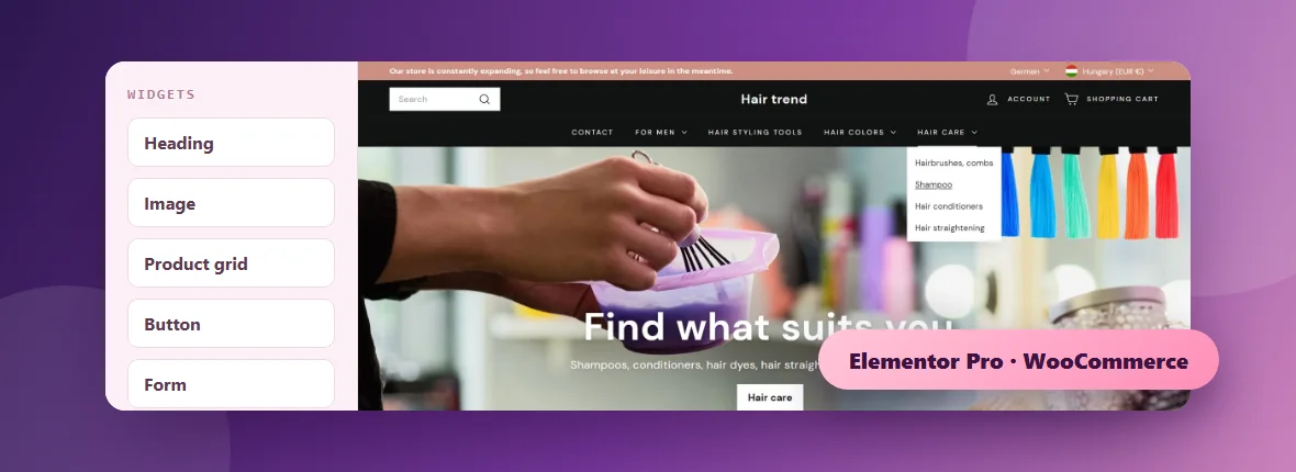 The Elementor page builder editing an online store homepage, for the WordPress and WooCommerce development service
