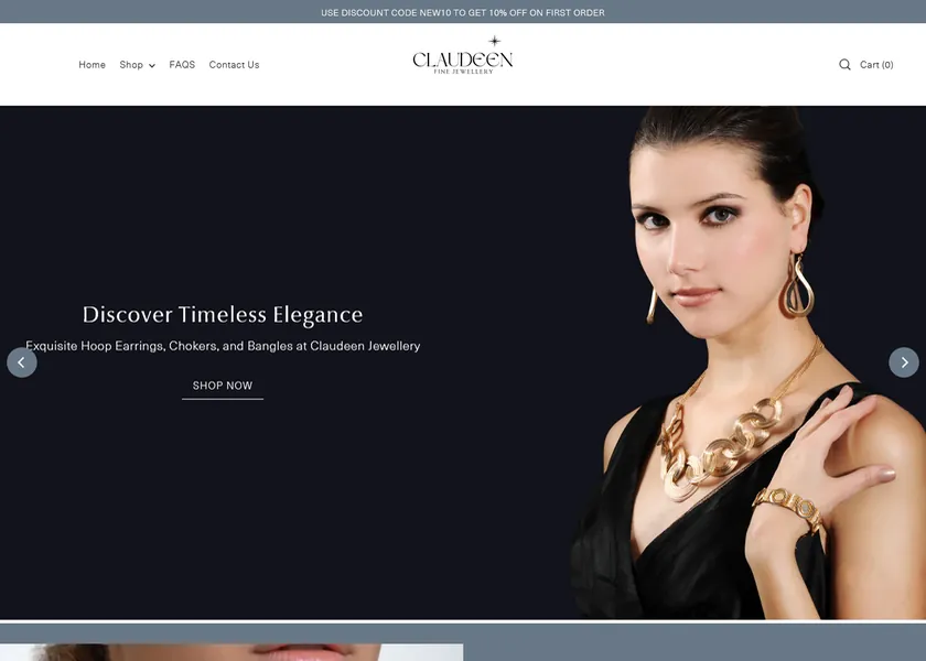 Homepage of Claudeen Jewellery London, a jewellery store with a "Discover Timeless Elegance" hero