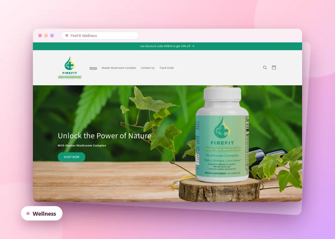 Homepage of the FireFit Wellness online store with a mushroom-complex supplement hero