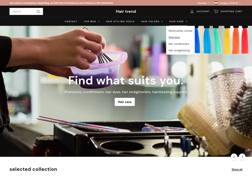 Homepage of the Hair Trend online store selling hair care and hairdressing supplies