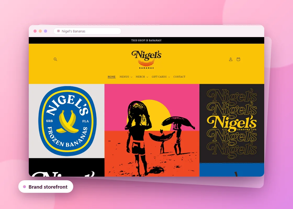 Homepage of Nigel's Bananas, a brand storefront with a bold yellow and pop-art look