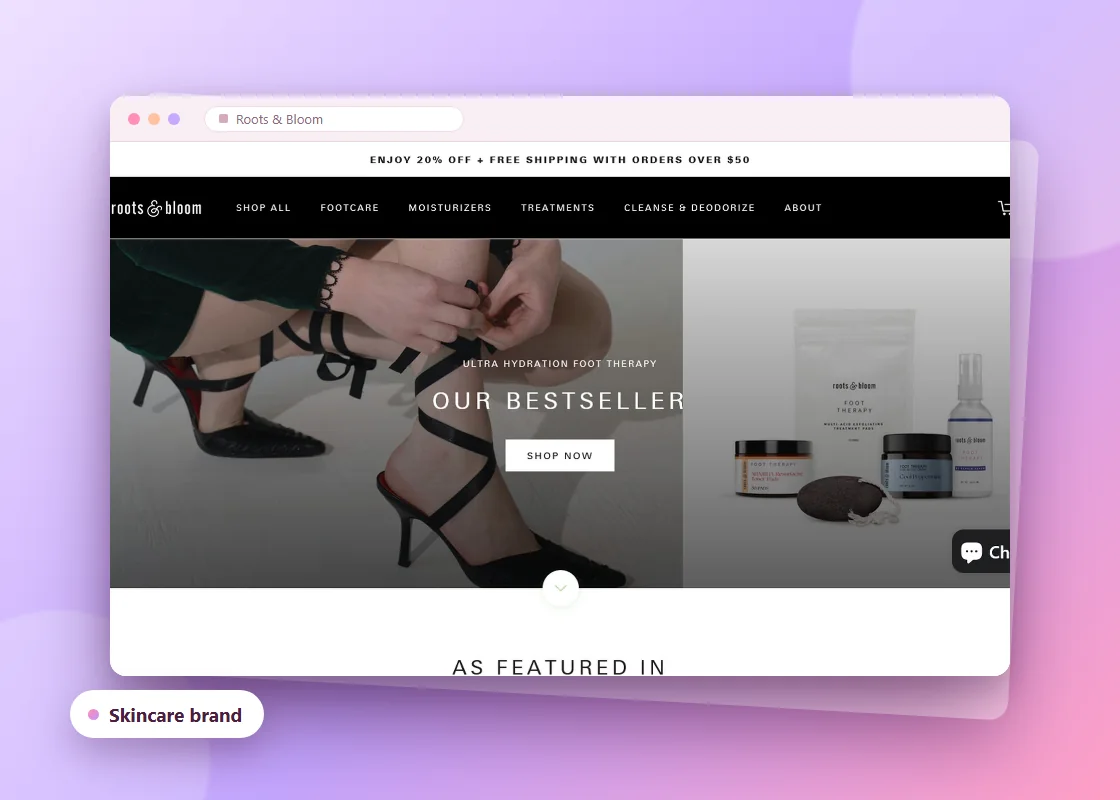 Homepage of Roots & Bloom, a skincare, foot-care and moisturizer brand, with a bestseller hero and clean minimalist navigation