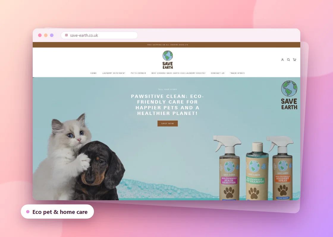 Homepage of Save Earth UK, an eco-friendly pet and laundry care store