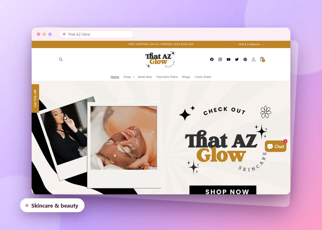 Homepage of That AZ Glow, a skincare brand store with a bold "Shop Now" hero