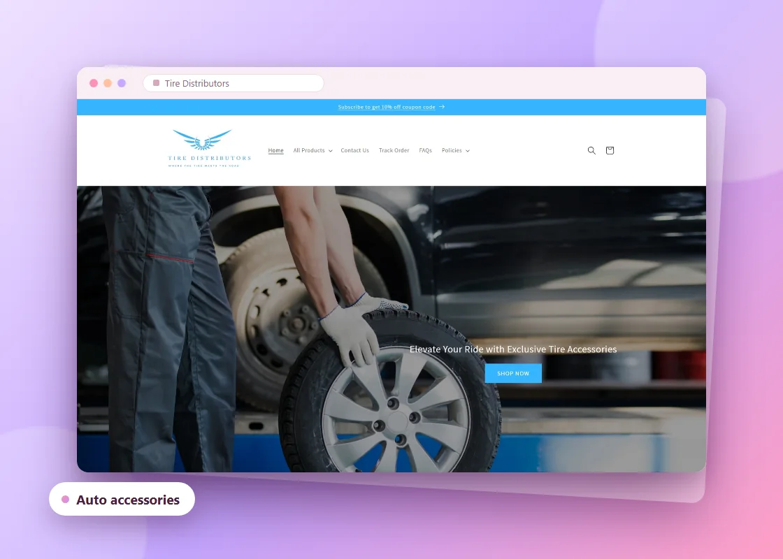Homepage of a tire distributors online store with a car-wheel hero image