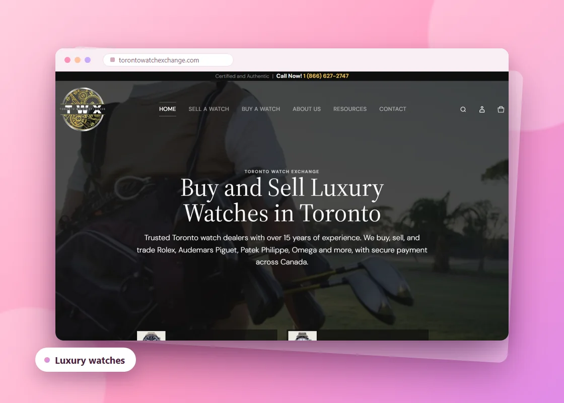 Homepage of Toronto Watch Exchange, a luxury watch buying and selling website: dark hero with "Buy and Sell Luxury Watches in Toronto" and sell/buy calls to action