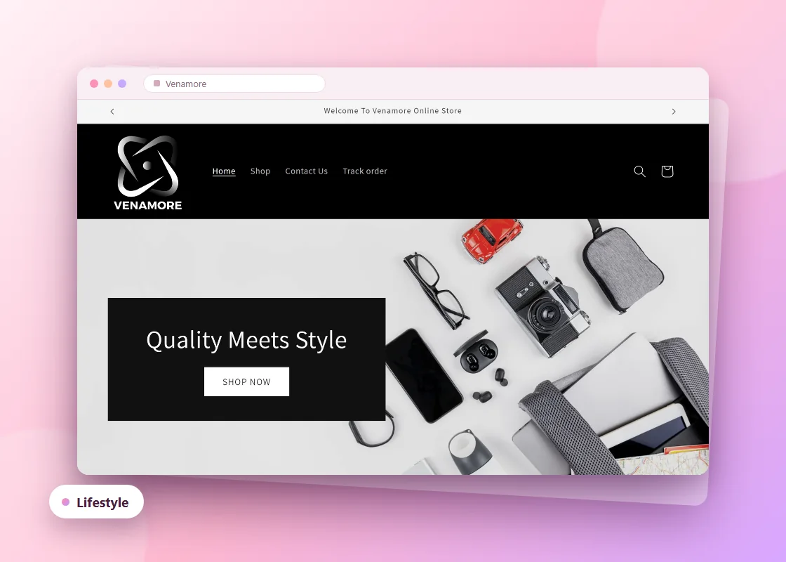 Homepage of Venamore, a lifestyle and accessories store with a "Quality Meets Style" hero
